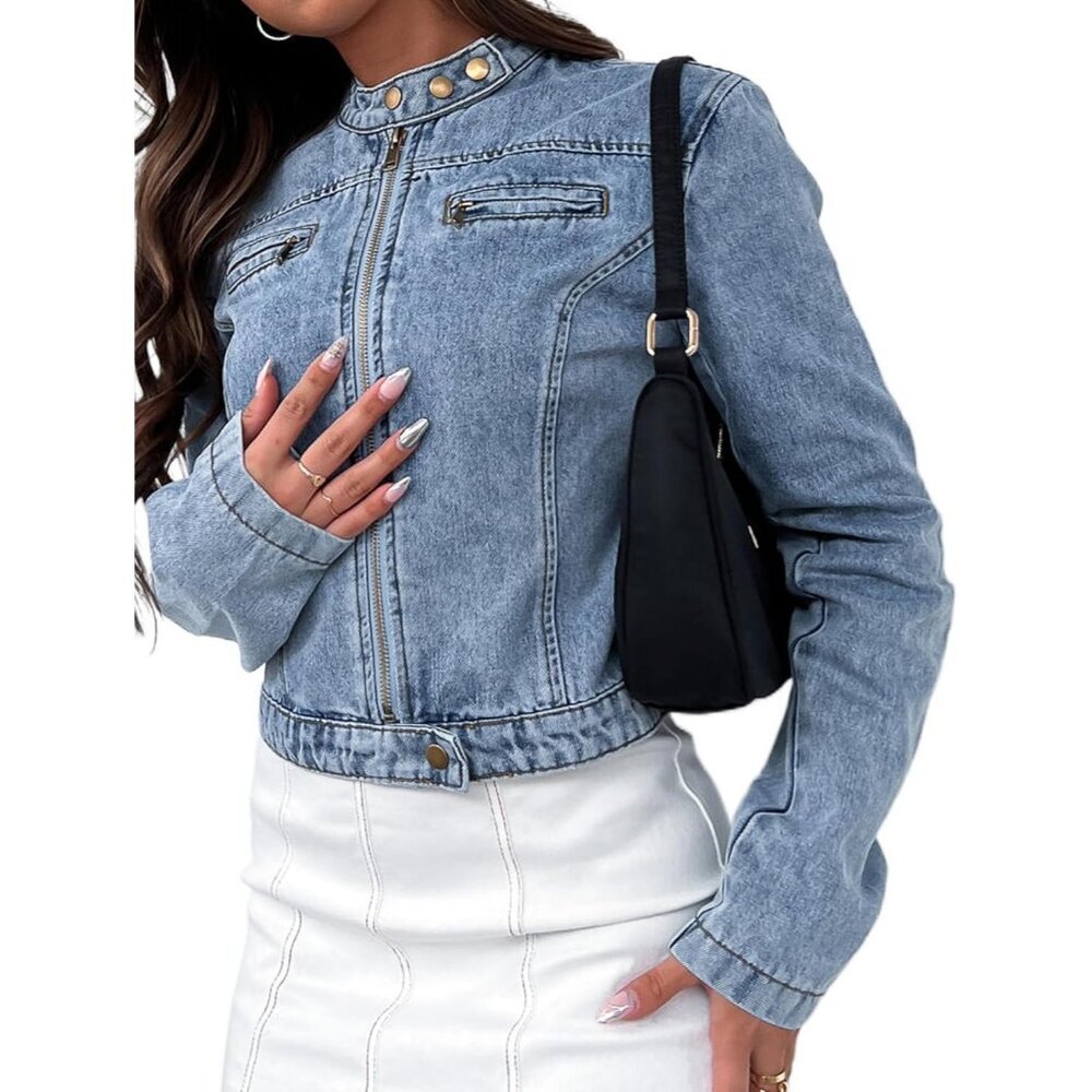 Women's Stretchy Crop Jean Jacket Zip Front Motorcycle Short Denim Jacket Blue